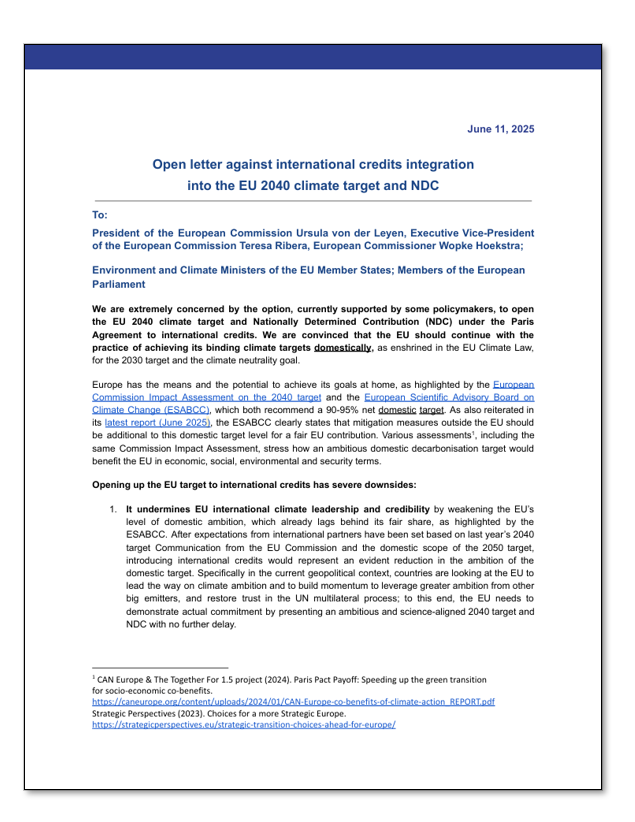 Open letter against international credits integration into the EU 2040 climate target and NDC
